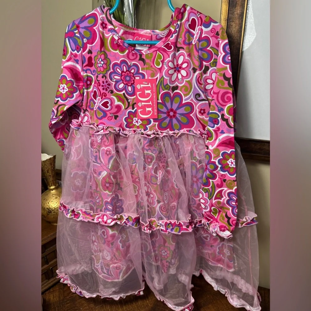 NWT GiGi Size 5 Girls Boutique Dress, Flowers‎ Butterflies, Overlay